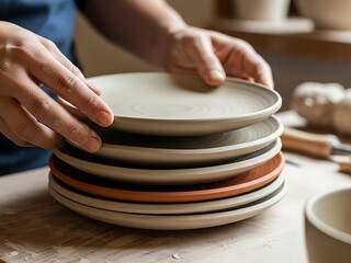 Stack of handcrafted ceramic plates in pottery workshop for sale