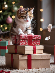 Cream kitten chasing a red Christmas ribbon, confetti and wrapping paper on floor, soft clean lighting,A festive play scene full of energy and Christmas cheer.