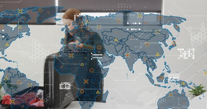 Woman opening suitcase, packing and closing case while map overlay expanding around her for travel