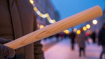 Winter evening promenade holding a wooden baton in hand out of focus
