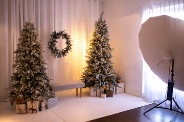 Christmas celebration with family around decorated trees and presents in a cozy indoor space during the holiday season