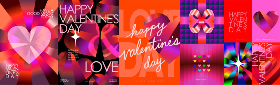 Valentine&rsquo;s Day poster with glowing gradient 3d hearts, neon colors, modern typography, and romantic abstract shapes for holiday sale, background, greeting card, cover and festive postcard