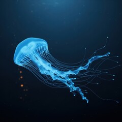 Glowing Blue Jellyfish Floating in Dark Ocean Water