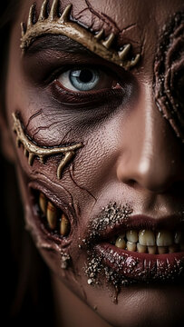 A highly detailed and dramatic vertical portrait showcasing expert Halloween special effects makeup, suitable for horror and artistic themes.