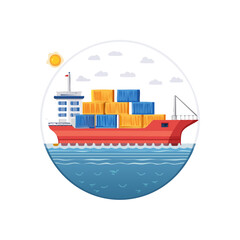 Obraz premium Cargo Ship Carrying Containers on Water Under a Sunny Sky with Clouds