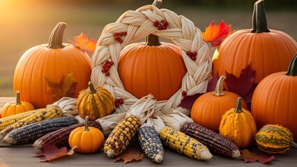 A festive autumn arrangement featuring pumpkins indian corn and a decorative wreath on a wooden surface