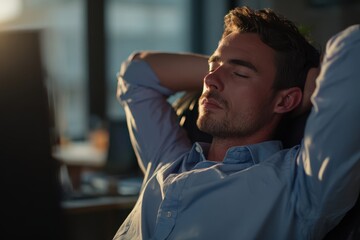 Exhausted professional man finds a quiet moment of peaceful rest in his office chair
