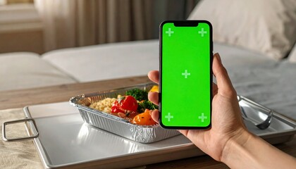 Hand holding smartphone with green screen above meal in foil container on a tray