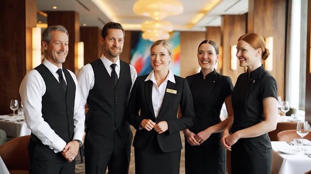 Smiling professional hospitality team portrait offering excellent service in restaurant setting