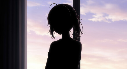 Silhouette of Contemplation: Silhouette of a person near the window, capturing a moment of introspection against the backdrop of an emotive sky.