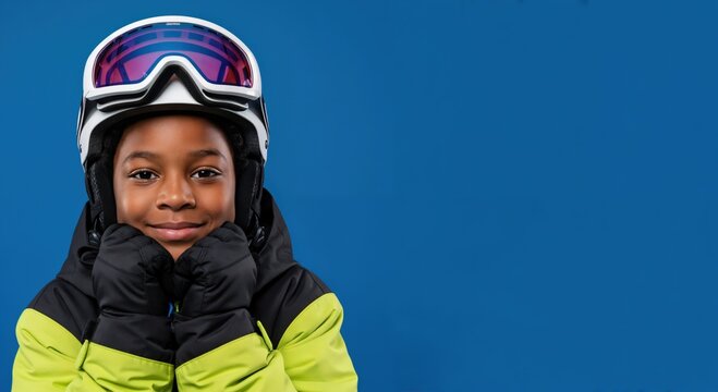 Smiling young African American boy in full ski gear, wearing a white helmet and purple goggles, posing cheerfully with hands under his chin against a vibrant blue studio background.