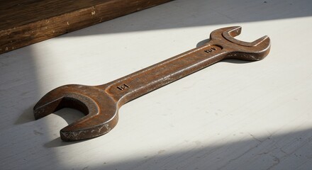 Precision and Utility: A solitary, rugged wrench rests, a testament to mechanical ingenuity and the hands that wield it. bathed in the soft glow of natural light.