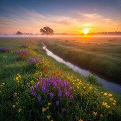 Serene Sunrise Over Flowered Meadow with Waterway and Tree in Foggy Morning