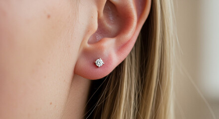 close up of a young woman wearing a diamond stud earring
