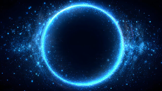 Bright blue energy ring. Circular halo with glowing particles. Isolated frame on black background. Cosmic circle, circular portal.