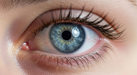 Fototapeta premium Close Up of a Striking Blue Eye with Long Lashes and Detailed Texture on Pale Skin in Bright Studio Lighting