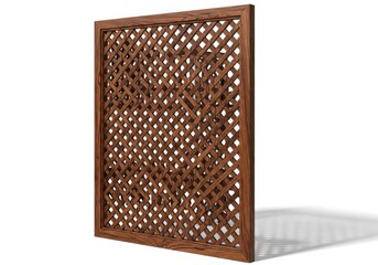 Decorative wooden lattice panel stands isolated against a white background casting a soft shadow