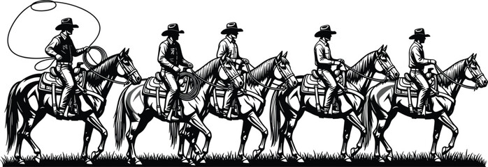 Cowboys riding horses silhouette in a row; western riding, ranch work, group of riders, lasso, black and white vector graphic.