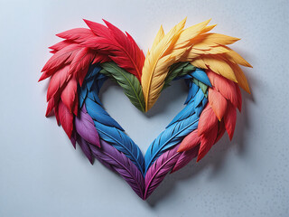 Heart shape made of rainbow-colored feathers on neutral gray background,Rainbow feathers form a heart&mdash;a symbol of tender strength and love.