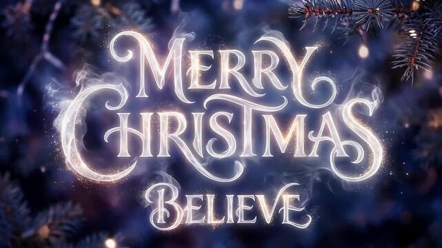Magical "Merry Christmas Believe" Text with Glowing Smoke Effect