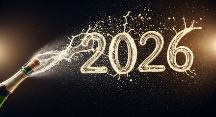 A champagne bottle exploding with the year 2026 written in liquid against a dark background