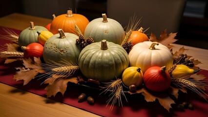 A fall centerpiece with pumpkins gourds wheat and leaves displayed on a red table runner decor