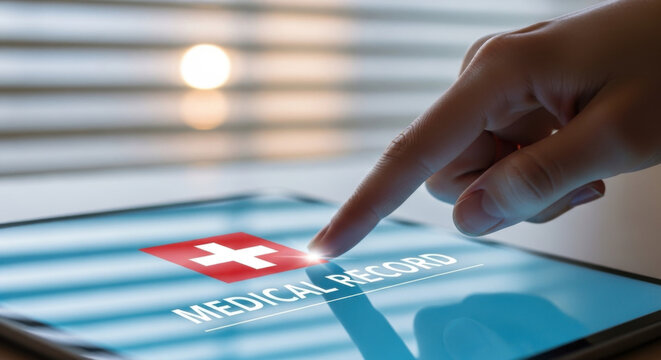 Close Up of Finger Touching Tablet Displaying Medical Record with Red Cross on Blue Background - Powered by Adobe