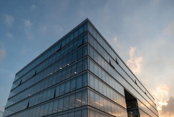 Modern Glass Office Building Exterior with Dramatic Sky
