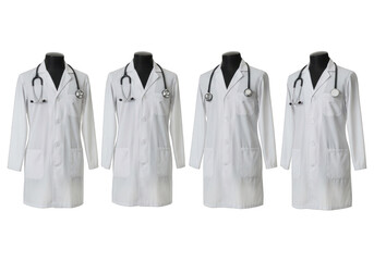 Four white doctor coats with stethoscopes isolated on transparent background