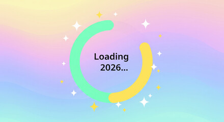 Loading indicator with year on pastel background and sparkles graphic design element concept