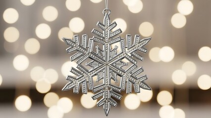 Ornate silver snowflake ornament hanging against a backdrop of blurred golden christmas lights bokeh