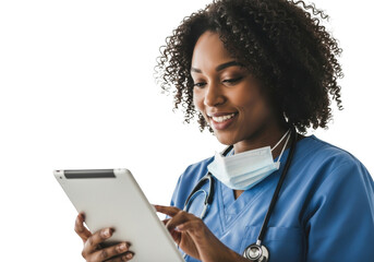 Smiling nurse with stethoscope and mask using tablet isolated on transparent background