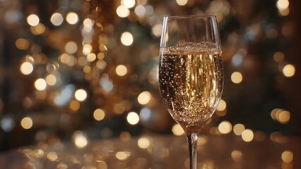 Elegant champagne flute with bubbles, celebrating a special occasion with festive bokeh lights in the background, perfect for celebrations