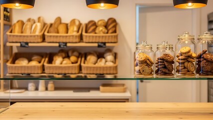 Bakery display with fresh bread and pastries
