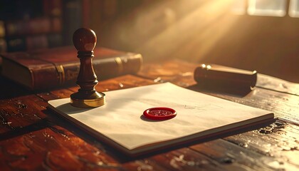 Ancient legal document with wax seal and a traditional stamp on a vintage wooden desk, bathed in a warm, ethereal light