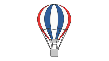 Classic Hot Air Balloon with Red White and Blue Stripes and a Wicker Basket Floating Against a Solid Black Background Ideal for Travel and Adventure Themes