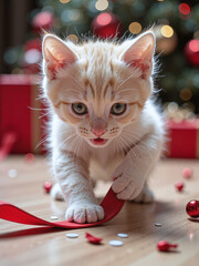Cream kitten chasing a red Christmas ribbon, confetti and wrapping paper on floor, soft clean lighting,A festive play scene full of energy and Christmas cheer.