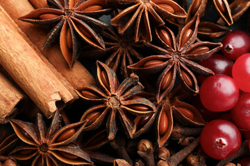 Different spices and cranberries for mulled wine as background, top view