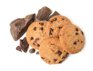 Delicious chocolate chip cookies and pieces of chocolate isolated on white, top view