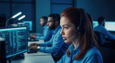 Focused Call Center Operator with Headset Working Late at Night in Dark Office