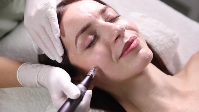 Woman undergoing microneedling procedure in beauty salon, closeup. Camera moving forward