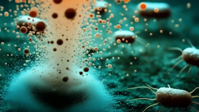 Microscopic rod-shaped bacteria with flagella float through a textured surface, transitioning from warm golden tones to cool cyan hues in this detailed 3D rendered animation of microbial life.
