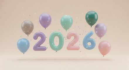A pastel scene with balloons and balloon numbers spelling out the year two thousand twenty six