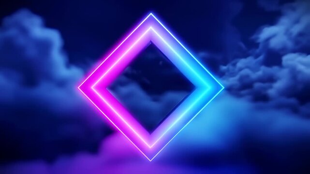 Vibrant Neon Diamond Portal: Abstract Geometric Shape on Smoky Cloud Background