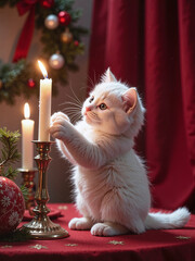 luffy white kitten reaching toward candlelight, warm glow on its face, red curtain and wreath backdrop,A soft, glowing holiday moment as curiosity meets candlelight.