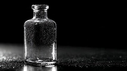 Stunning clear glass bottle glistening with refreshing water droplets against a dramatic dark background, perfect for beverage ads.