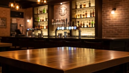 Empty bar table with blurred background of bar and shelves