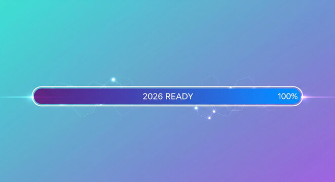 A gradient progress bar showing one hundred percent completion and the text two thousand twenty six ready - Powered by Adobe
