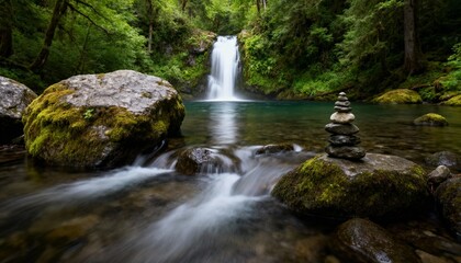 Serene waterfall in lush green forest with stacked stones