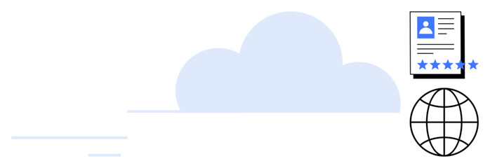 Cloud graphic paired with a global icon and user profile with star ratings. Ideal for cloud services, online reputation, global networking, digital identity, user feedback, internet connectivity